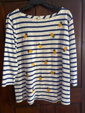 J. Crew White & Blue Striped Top with Pineapple Embroidery